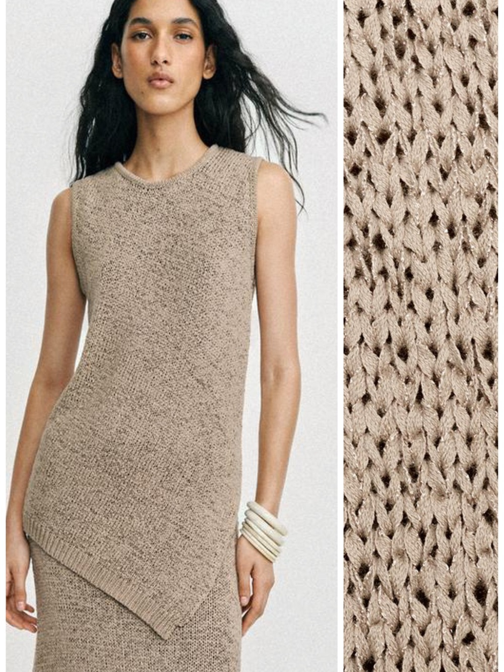 ZARA Asymmetric Open Knit Top Sand Brown Size M Viral TikTok Minimalist EUC